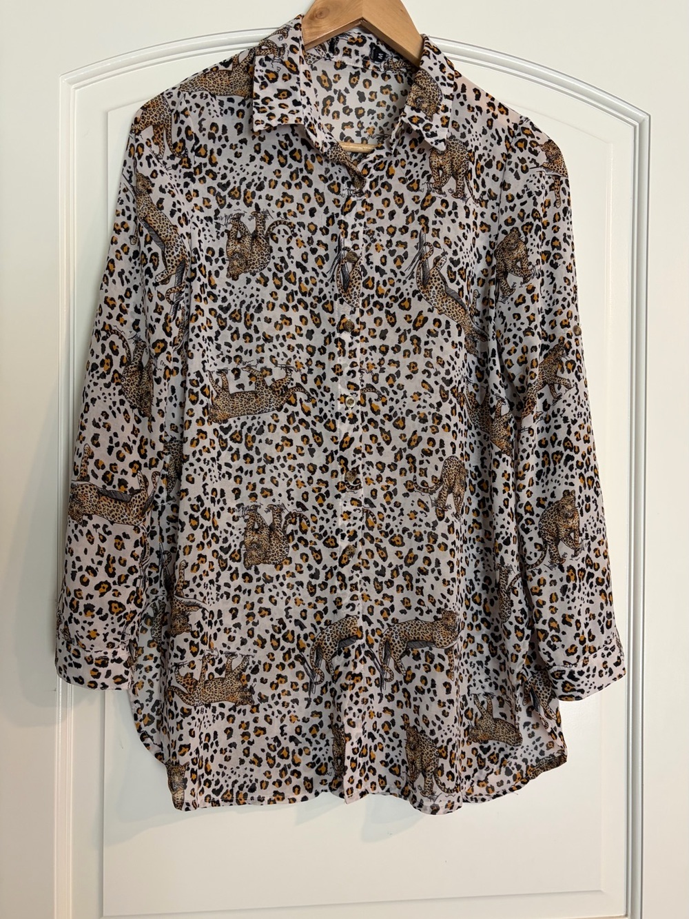 Leopard Animal Print Button Down Sheer Blouse Lightweight Size M